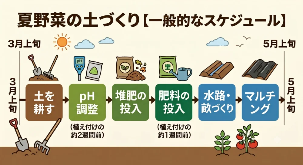 夏野菜の土づくりは植え付け1ヶ月前（3～4月）が原則